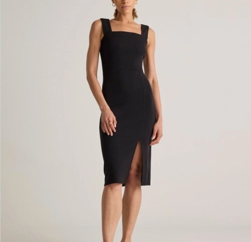 Quince Ruched Midi Dress Womens Small Black Stretch Cotton Square Neck Small NWT